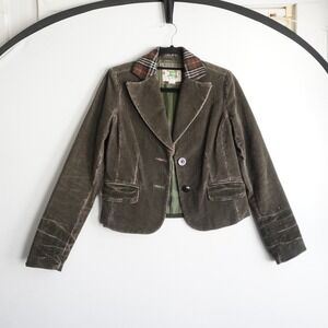 EttTwa Olive Green Corduroy Blazer Plaid Collar Camo Lining Size 4 Academia Prep